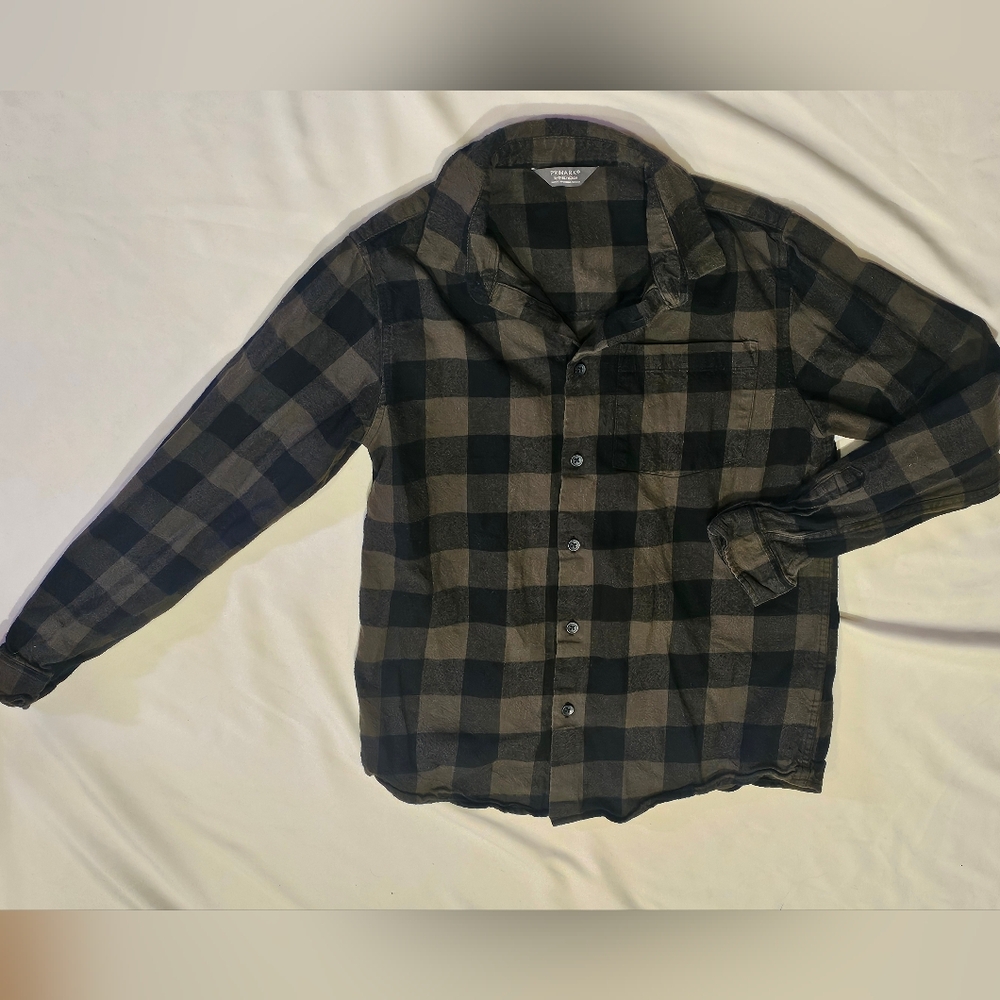 Primark Flannel Plaid Button-Up Shirt- Black And Green- Youth 11/12